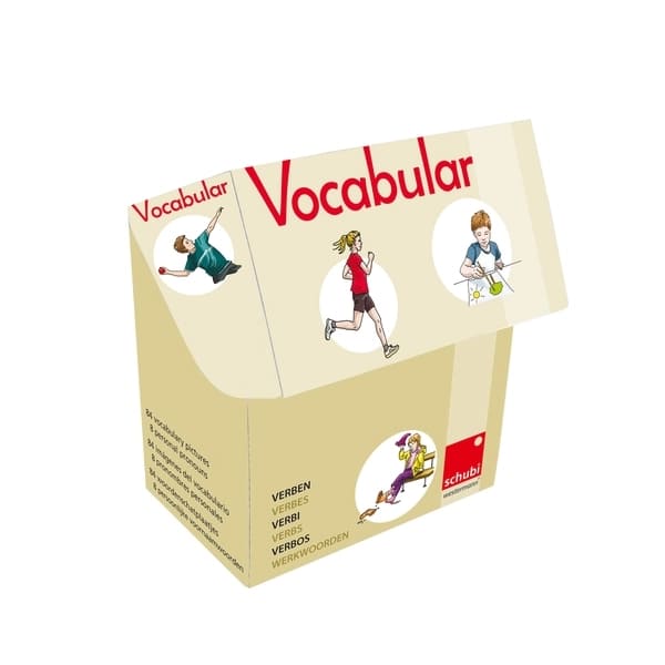 Bildbank verb bildkort i förpackning från Schubi