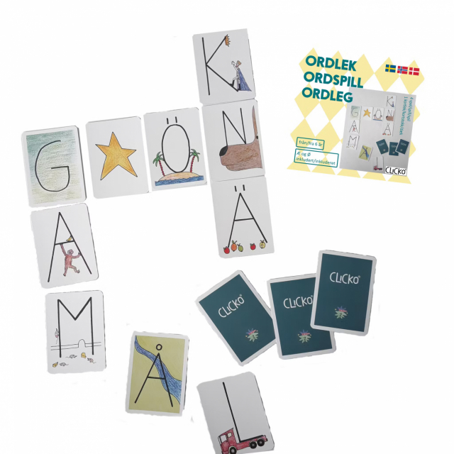 Clicko kortspel som tränar ord, bokstäver och stavning