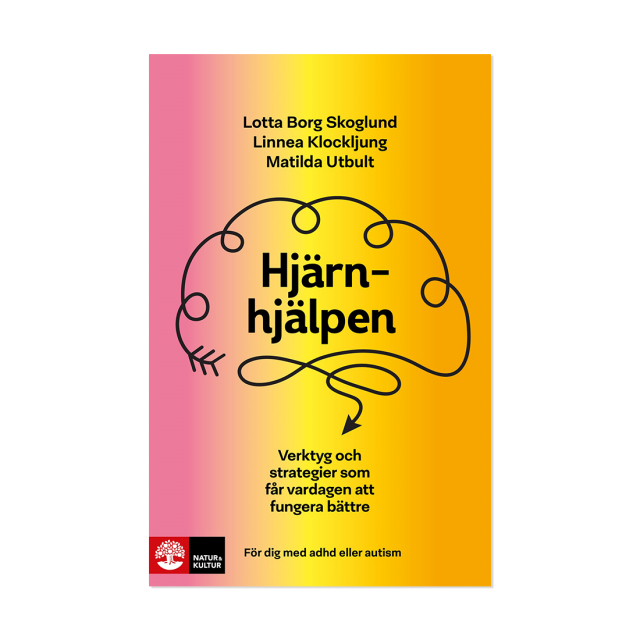 Bokomslag Hjärnhjälpen med färgglad bakgrund och text om strategier för vardagen vid adhd och autism