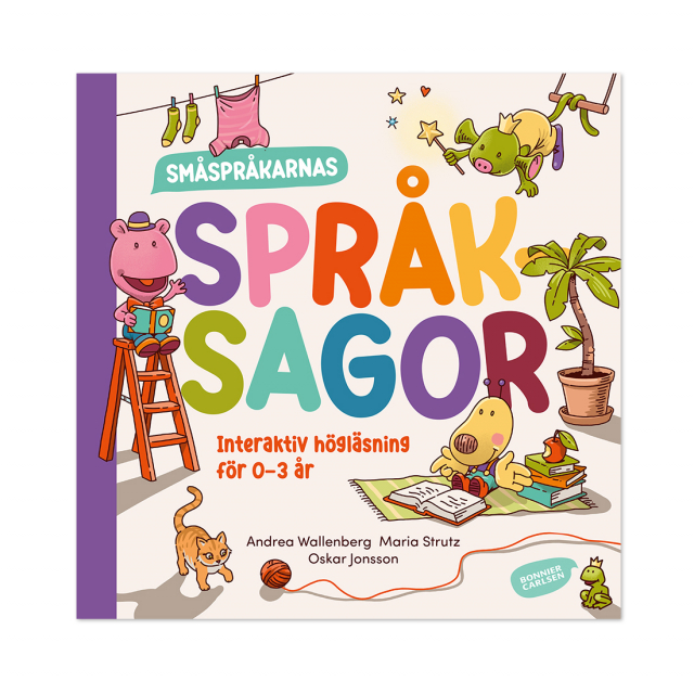 Småspråkarnas språksagor – färgglatt bokomslag med figurerna Haja, Hoa och Mim som bjuder in till språklek.