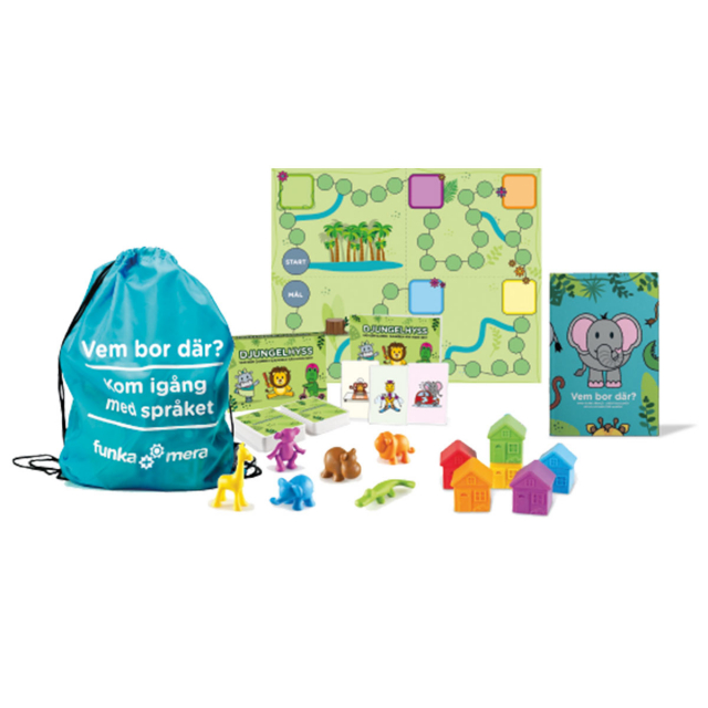 Kom igång med språket – Vem bor där språkpåse med spelplan, djurfigurer och bok