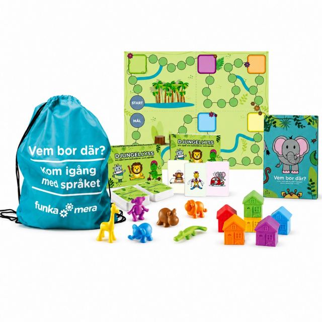 Kom igång med språket – Vem bor där språkpåse med spelplan, djurfigurer och bok