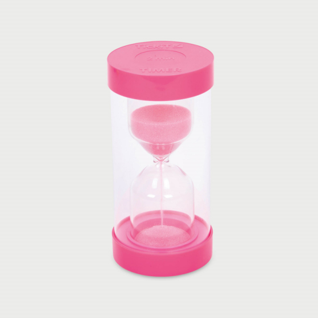 Ett timglas med rosa sand och rosa topp och botten.