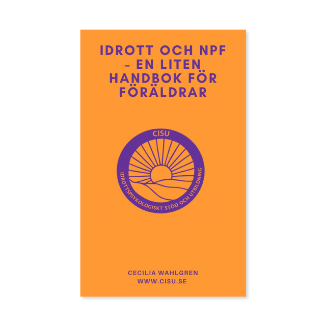 Orange bokomslag med titel om idrott och NPF för föräldrar
