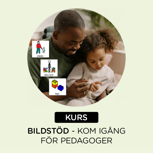 En mörkhyad man och en flicka tittar ner på något som flickan pekar på. Infällda illustrationer av bildstöd.