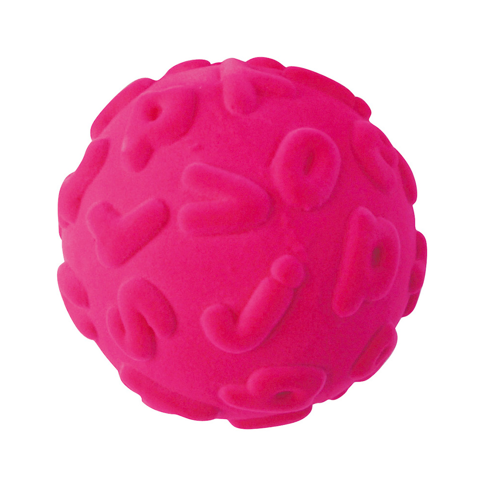 Cerise stressboll med upphöjda bokstäver och flockad yta. Ca 10 cm.