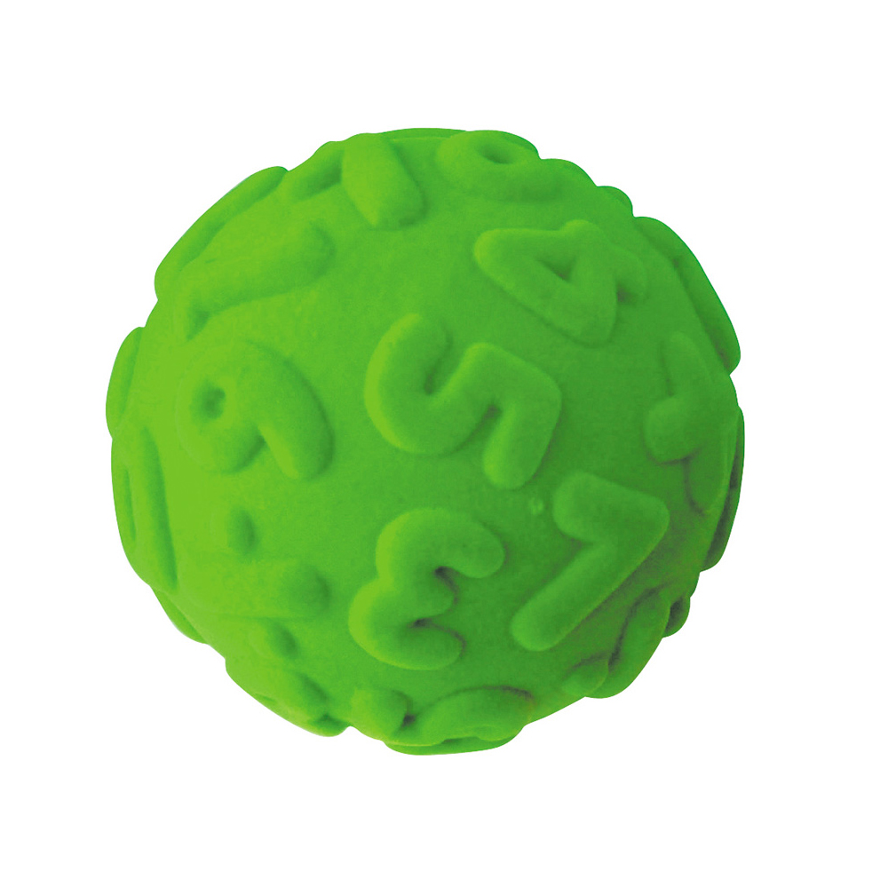 Grön stressboll med upphöjda siffror i relief och flockad yta.