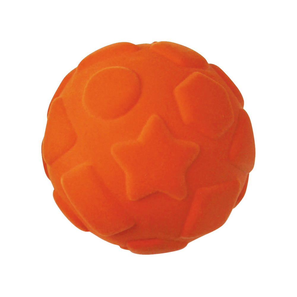 Orange stressboll med upphöjda geometriska former och flockad yta.