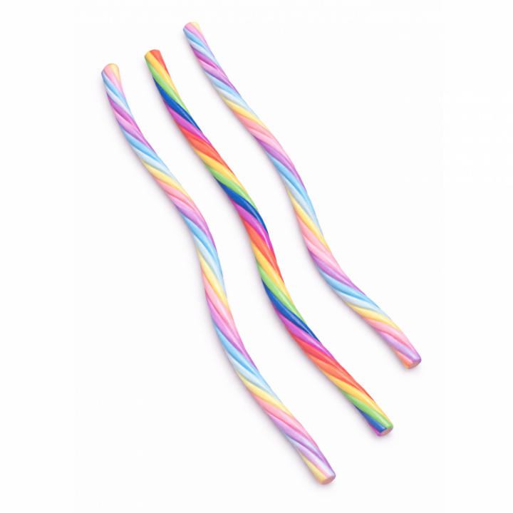 Tre färgglada elastiska fidgetband i regnbågsfärger på vit bakgrund